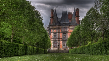 wonderful old castle hdr - lawn, castle, clouds, towers, hdr, bushes