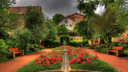 beautiful garden in schmalkalden germany hdr - benches, garden, path, flowers, city, trees, hdr