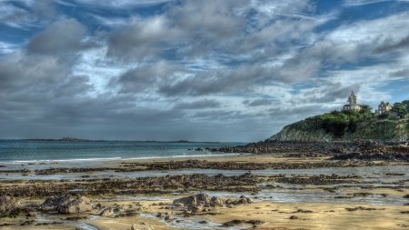 fantastic lighthouse on a seasore cliff hdr - clouds, lighthouse, beach, cliff, hdr, sea