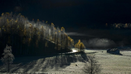 sunlight on a valley farm in the morning - farm, mountains, road, sunlight, valley, fields