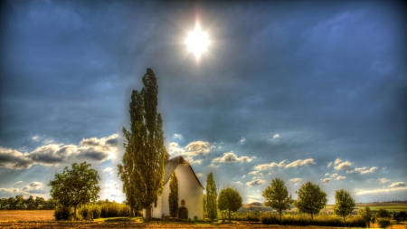 beautiful chapel in mertloch germany hdr - clouds, trees, chapel, plain, hdr, sun