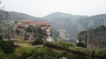 wonderful monasteries on cliffs in greece - moss, cliffs, monasteries, mountains