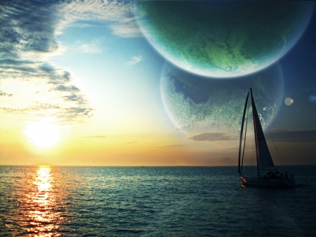 SAILING INTO SPACE - PLANETS, CLOUDS, SPACE, SKY, SUN, SAILBOAT, REFLECTION, OCEAN, SAILING