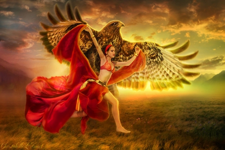 DREAMFLIGHT - WINGS, DRESS, DREAM, FEMALE, RED, FLIGHT, BIRD