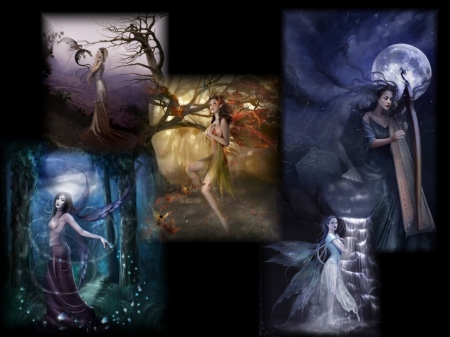 FAIRIES - MOON, DAY, FAIRIES, WINGS, COLLAGE, MAGICAL, FEMALES, NIGHT