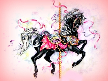 GROOVEY CAROUSEL HORSE - horses, carousel, animals, pink, ribbons, vintage, fantasy, drawings