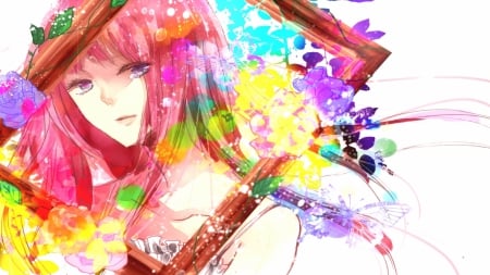 Colour Woman - face, cool, cute, beautiful, flowers, anime, anime girl, art, long hair, colours, colors, woman, colorful