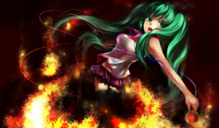 Hatsune Miku - green haur, female, hot, darkness, anime girl, fire, black, dark, anime, miku, cute, frame, hatsune miku, sexy, girl, twintails, long hair, hatsune, vocaloids, hd, green eyes, microphone, vocaloid, blaze