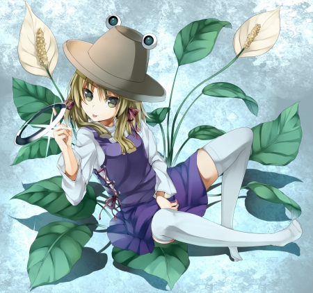 Moriya Suwako - cute, blond hair, blonde, hot, abstract, anime girl, moriya suwako, girl, blond, blonde hair, hat, touhou, pretty, sweet, anime, hd, long hair, nice, lovely, sexy, female, leave