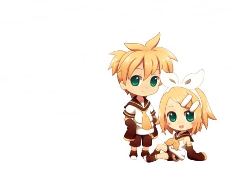 Kagamine - female, blond, simple, anime girl, white, blond hair, rin, blonde hair, yellow, kagamine, anime, ribbon, cute, short hair, twin, adorable, girl, kagamine rin, chibi, vocaloids, len, hd, green eyes, kawaii, vocaloid, kagamine len, blonde