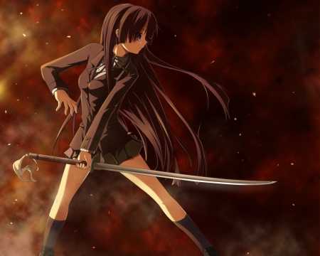 Akiyama Mio - anime, female, warrior, long hair, dark, akiyama mio, superstar, weapon, akiyama, idol, anime girl, kon, singer, girl, sword, darkness, blade, k on, diva, black hair, mio