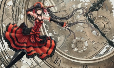 Tokisaki Kurumi - gun, female, hot, anime girl, black hair, date a live, elegant, gorgeous, clock, anime, cute, sexy, girl, warrior, twintails, long hair, gown, hd, weapon, dress