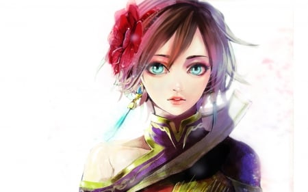 Dynasty Warriors - sun, emotional, shang, anime girl, brown hair, dynasty warriors, amazing, sun shang xiang, gorgeous, pretty, game, anime, oriental, cute, manga, sexy, blue eyes, lovely, xiang, gaming, beautiful, sweet, awesome, flower