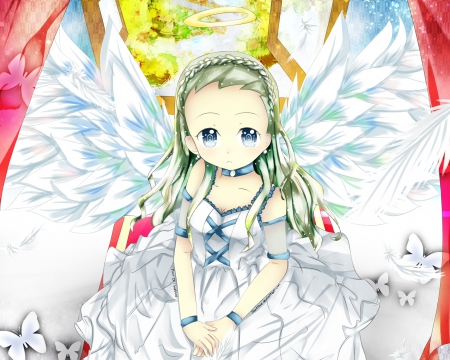 Lil' Angel - gown, cute, braids, hot, anime girl, girl, wings, white, green hair, feather, pretty, kawaii, wing, sweet, anime, hd, dress, long hair, nice, lovely, sexy, female, angel