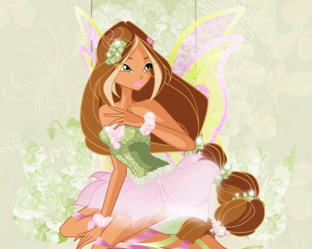 Flora - pretty, winx club, anime, cartoon, elegant, female, dress, long hair, gorgeous, hd, nice, gown, anime girl, hot, girl, winx, lovely, brown hair, sweet, flora, fairy, cute, sexy, winxclub