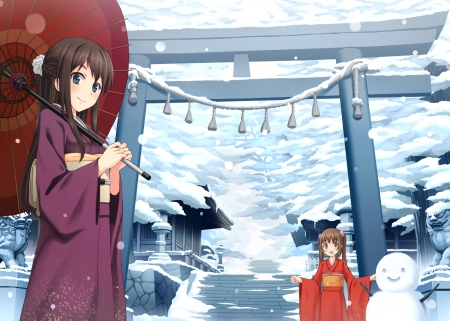 Snowy Day - cute, happy, hot, snowman, anime girl, girl, umbrella, white, scenery, scenic, winter, pretty, shrine, sweet, anime, yukata, nice, lovely, sexy, kimono, scene, female, snow