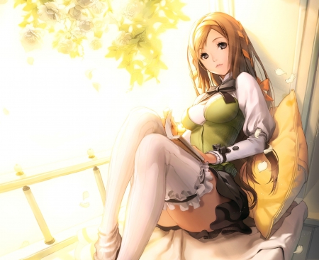 Anime Girl - sitting, gray eyes, reading, siting, brown hair, art, blonde hair, cool, kkuem, petals, looking, anime, cute, looking at the cemra, pillow, girl, bow, awesome, dress