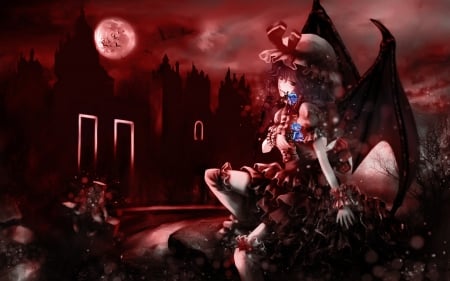 Touhou - Manga, Flowers, Anime Girl, Night, Anime, Scarlet, Dark, Rose, Serious, Mad, Crazy, Remilia, Hat, Mean, Moon, Red, Wings, Scary, Sinister, Creepy, Angry, Touhou