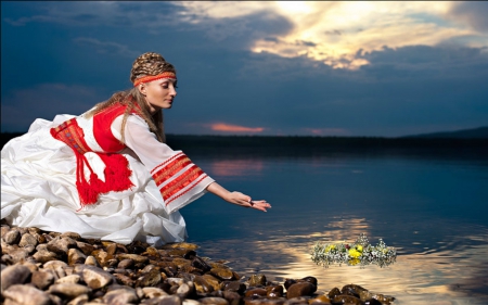 Woman - sky, rocks, flowers, beach, stones, woman