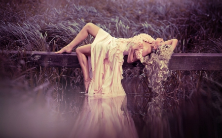 Girl pose - pose, model, river, lying, woman