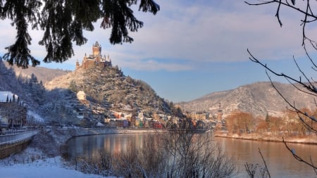 castle on a hill above a riverside town - hill, town, winter, river, castle