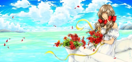 Brand new sky - clouds, anime, female, Seychelles aph, girl, sea, Hetalia Axis Powers, red flowers, flowers, manga, Hetalia, aph, smiling, sky, ribbons