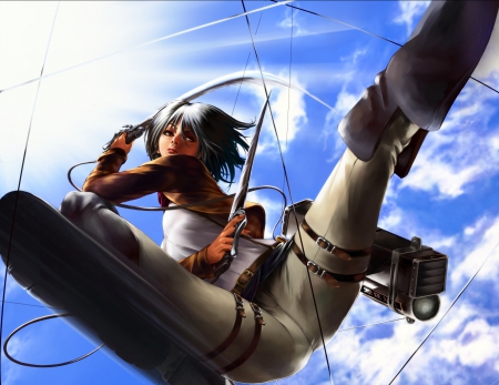 Mikasa Ackerman - sky, mikasa ackerman, sunlight, female, girl, warrior, shingeki no kyojin, clouds, weapon, anime, manga