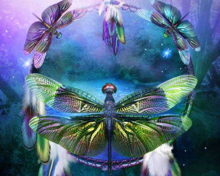 ✫Dragonfies of Spiritual✫ - pretty, reflections, insects, creative pre-made, flying, butterfly designs, plants, trees, beautiful, spiritual, digital art, colors, lovely, cool, nature, dragonflies, wings, bright, cute, background, feathers, lakes, animals