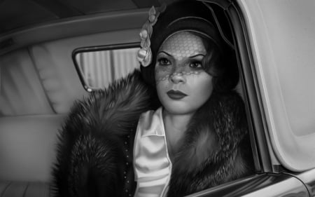 Waiting... - hat, tears, girl, beauty, cry, fur, black, fantasy, retro, white, car, woman, monochrome, art, gloves