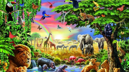 animal - butterfly, elephant, tiger, giraffe, bird