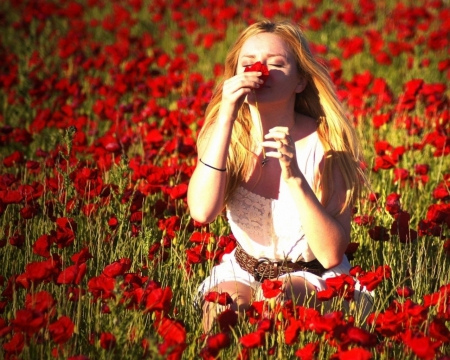 blonde - red, flower, girl, beauty