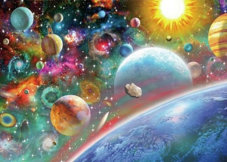 The Universe - planets, sunglow, rocks, sun, comets