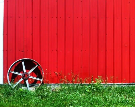 red wall - metal, wheel, red, wall