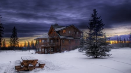 beautiful log home in winter hdr - house, logs, winter, twilight, hdr, bench, tree