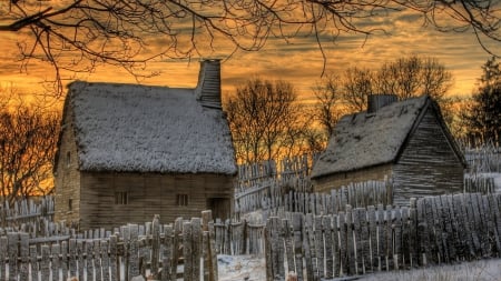 thatched roofs country homes in winter hdr - thatched roof, winter, sunset, house, hdr, fences