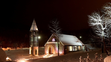 lovely modern church at night - winter, bell tower, modern, lights, night, church