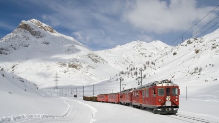 train going up a mountain in winter - red, trai, winter, mountains, tracks