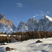 wooden cabins in the mountains in winter