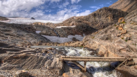 wooden bridge over glacier run off hdr - glacier, hdr, stream, mountain, rocks, bridge