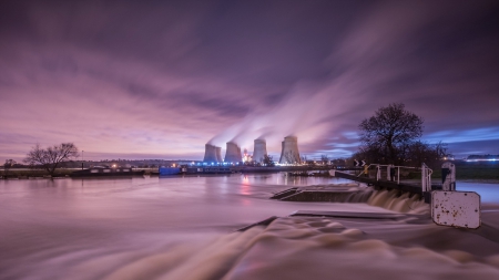 dam in a river by a power plant - power plant, chimneys, river, dusk, smoke, dam