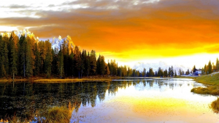 magnificent sunset - lake, forest, mountains, sunset, lodge, colors