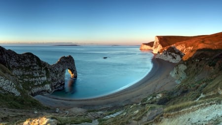 arched rocks on a gorgeous beach - beach, arch, sea, steps, rocks