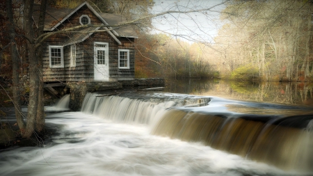 magnificent cabin on a waterfall - cavin, waterfall, tiver, mist, forest