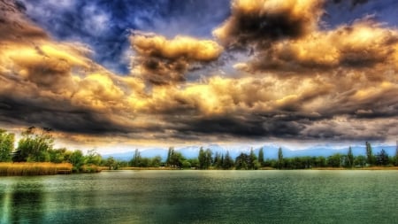 fantastic clouds over a lake hdr - clouds, trees, hdr, lake, mountains, ripples