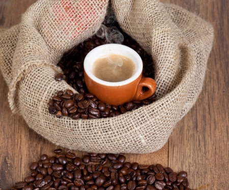 Coffee - beans, coffee, wood, morning, cup