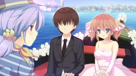 Boat Ride - nice, lover, female, hot, water, anime girl, pretty, anime, romance, souple, cute, short hair, boat, handsome, love, male, ocean, ride, sexy, girl, long hair, gown, lovely, floral, romantic, boy, sweet, sea, dress, guy, flower