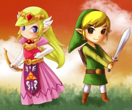 Link ♡ Zelda - pretty, female, link, ale, the legend of zelda, blond, princess, weapon, nice, rpg, video game, gown, royalty, sword, love, cute, bow, anime, tiara, kawaii, warrior, crown, dress, blonde, guy, legend of zelda, blond hair, long hair, boy, male, short hair, chibi, game, anime girl, archer, princess zelda, zelda, blonde hair, lovely, sweet, arrow, the legand of zelda, lda, lover, adorable, couple