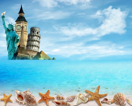 Summer Travelling - big ben, summer, beach, sea, travel, ocean, eiffel tower, starfish, shells, world, statue of liberty, pyramid