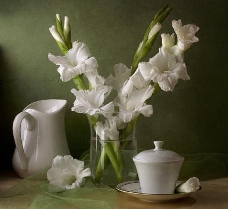 still life in white - flowers, cups, white, still life