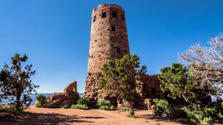 watchtower ruins at the grand canyon - brick, trees, ruins, canyoun, tower